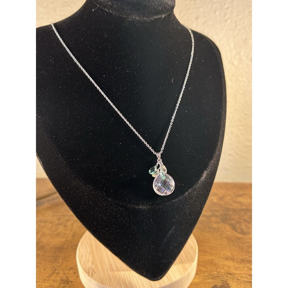 Sterling Silver Crystal Pendant Necklace Green Clear Faceted Drop Dainty 18”